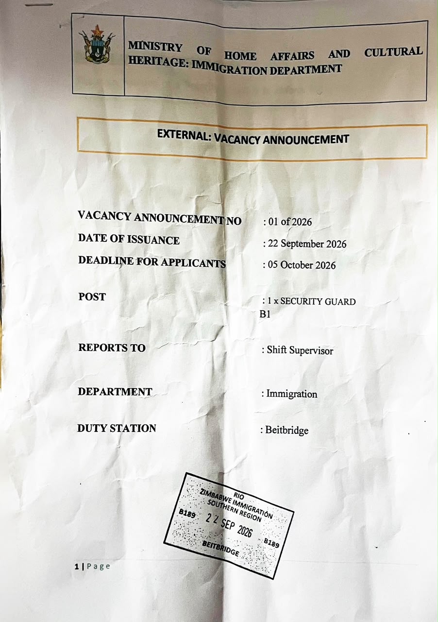 JOB ALERT: Ministry of Home Affairs and Cultural Heritage Opens Security Guard Vacancy at Beitbridge